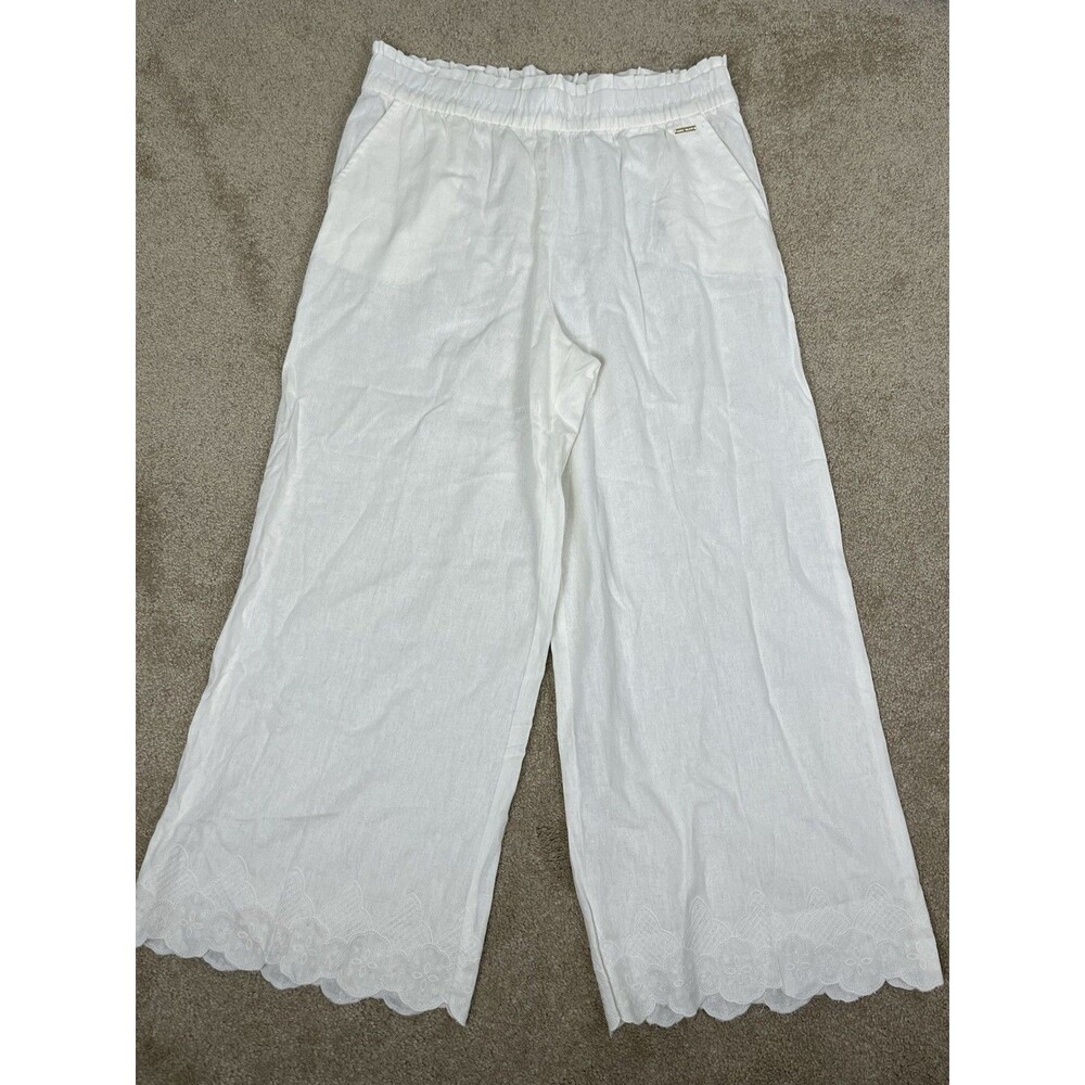 NWOT Anne Klein M Linen Wide Leg Cropped Pants Pull On Embroidered Beach Boho
